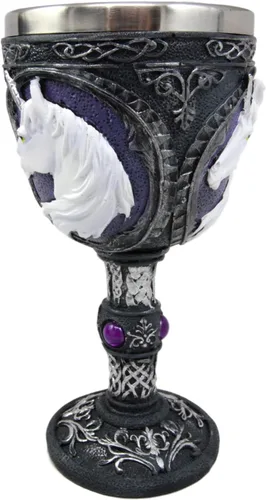 Vista 3 de Ebros Gift Gran figura mágica sagrada púrpura real gemas blancas unicornio vino de pureza cáliz cáliz figura con arte de desplazamiento y nudos