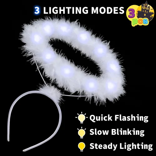 Vista 4 de Spooktacular Creations Paquete de 3 diademas iluminadas con halo de ángel LED, color negro y blanco, accesorio de Halloween para fiesta