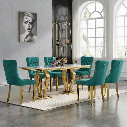 Vista 31 de HomVent - Juego de mesa de comedor de mármol sintético de 68 pulgadas con 4 sillas de terciopelo para cocina Modern Rectangular Faux Marble
