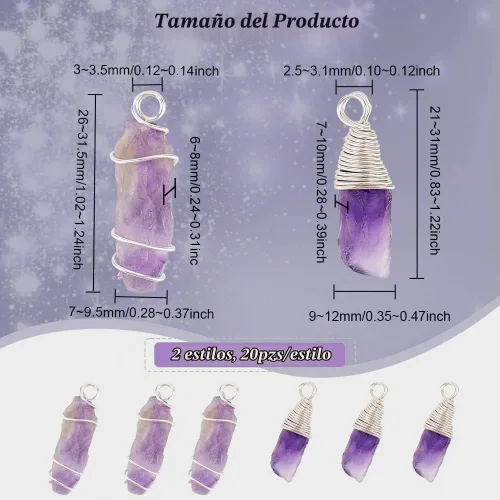 Vista 2 de DICOSMETIC 40 dijes de amatista natural de 2 estilos, colgantes de piedra irregular, amuleto de chakra, abalorios de piedras ásperas, abalorios