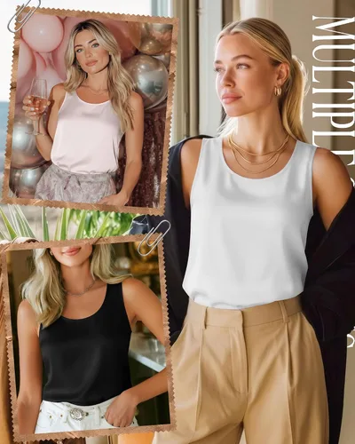 Vista 3 de Paquete de 3 camisetas sin mangas de seda para mujer, camisola de satén sin mangas, camiseta de trabajo elegante con cuello redondo, blusa de satén