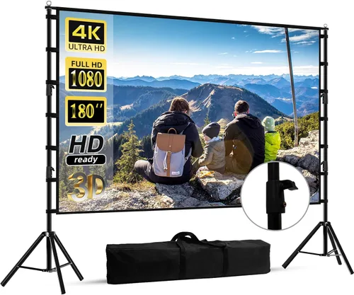 Vista 10 de Pantalla de proyector de 100 pulgadas con soporte, pantalla de proyección para interiores, pantalla de cine frontal trasera portátil 16:9 4K HD
