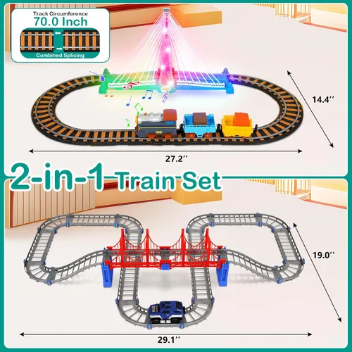 Vista 7 de Juego de tren eléctrico para niños de 4 a 8 años con juego de pistas de tren y pistas de automóvil, puente iluminado, señal de tráfico, sonido