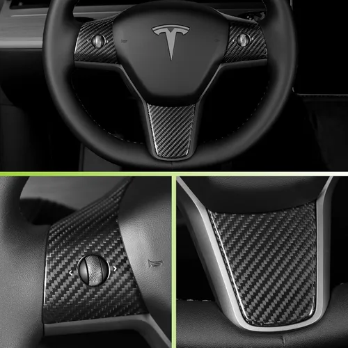 Vista 5 de Funda de Tapacubos de Volante 3 Piezas para Modelo 3&Y 2017-2023, 3K Fibra de Carbono Seca Toray Accesorios Interiores Compatibles con Tesla