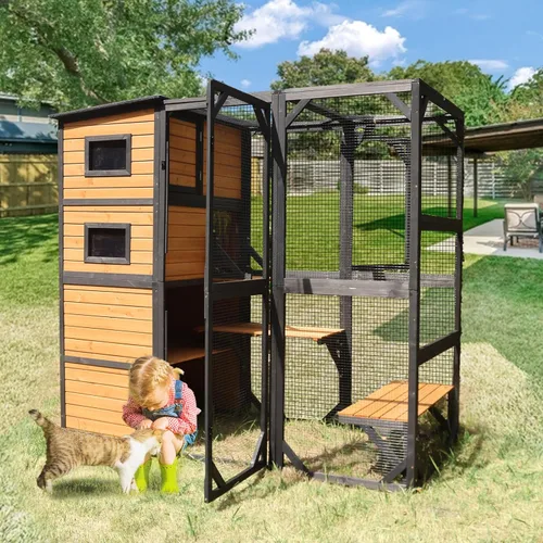 Vista 6 de Catio - Recinto para gatos al aire libre para múltiples gatos, resistente a la intemperie, casa grande para gatos con 4 niveles, 3 salas