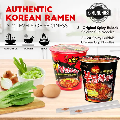 Vista 2 de Samyang Ramen picante con sabor a pollo asado - 6 fideos surtidos (2.47 oz), 3 de cada uno: 2 fideos SpicRamen y ramen de pollo picante, fideos