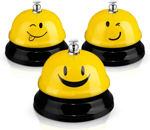 Vista 12 de Hotop Campanas de escritorio de 3 piezas para servicio, divertida recepción, sonriente, timbre de metal, timbre de llamada, para cocina, hotel