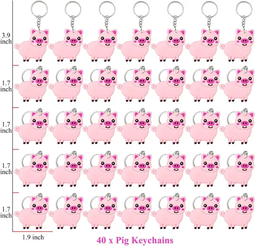 Vista 2 de Paquete de 40 llaveros de cerdo rosa, recuerdo de fiesta para amantes del cerdo rosa, regalo de regreso de invitados, fiesta temática de animales