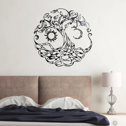 Vista 2 de Vinilo adhesivo para pared, diseño de árbol de la vida, símbolo celta, luna, sol, día, noche, decoración grande (722ig) (M 22.5 x 22.5 pulgadas)