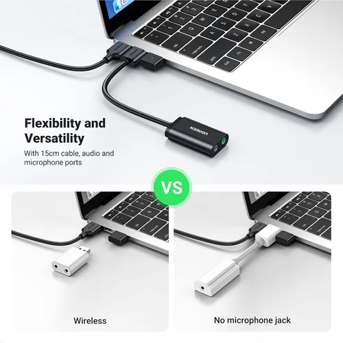 Vista 6 de UGREEN Adaptador de audio USB, con tarjeta de sonido estéreo externa, con auriculares de 3,5 mm y micrófono, con conector, para Windows, Mac, Linux