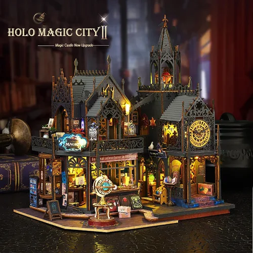 Vista 8 de Kit de Rincón de Libros de Bricolaje - Kit de Casa de Muñecas en Miniatura con Muebles y Luz LED, Rompecabezas 3D de Madera Sujetalibros de Arte