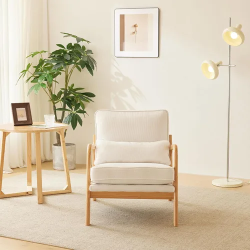 Vista 9 de Bonnlo - Silla de acento moderna de mediados de siglo con tela de lino beige, sillones de descanso con acolchado de madera maciza para sala