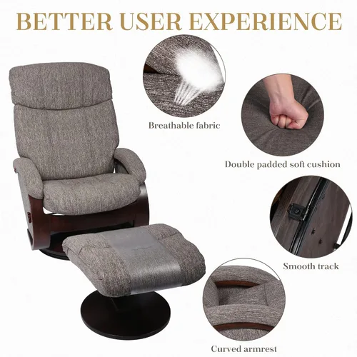 Vista 6 de Silla reclinable con juego otomano, silla decorativa para sala de estar con base de madera maciza giratoria de 360 grados, espuma viscoelástica