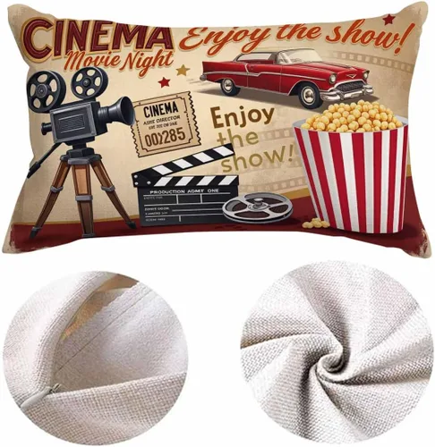 Vista 5 de EKOBLA Funda de almohada de 12x20 pulgadas Cartel de cine retro con letras para disfrutar de la película noche de cine disfruta del espectáculo