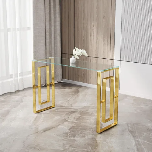 Vista 3 de SSLine Mesa consola de vidrio templado, mesa de sofá de cristal transparente con marco de acero inoxidable, mesas de entrada doradas para pasillo