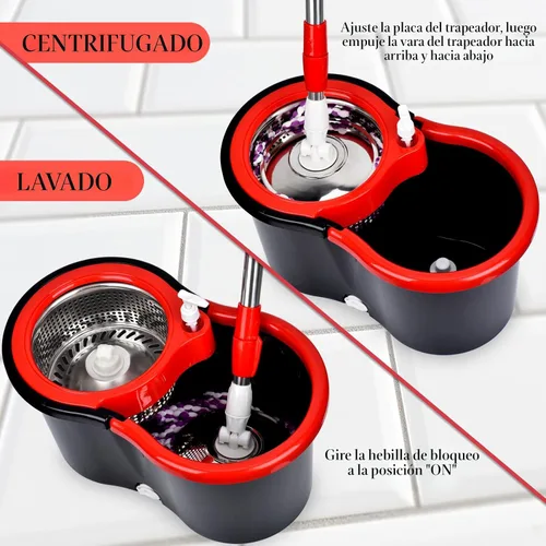 Vista 5 de Trapeador giratorio y cubo con juego de escurridor, sistema de cubo giratorio de 360° con 3 cabezales de repuesto de mopa de microfibra y mango
