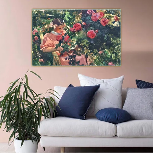 Vista 4 de Joaquín Sorolla "Elena entre rosas" Cuadro famoso Lienzos. Cuadro de arte de pared de lienzo para decoración del hogar 15.7x25.2 in sin marco