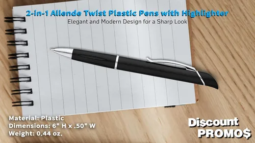 Vista 4 de DISCOUNT PROMOS Allende Twist - 10 bolígrafos de plástico con resaltador, elegante, duradero, tinta negra, color negro