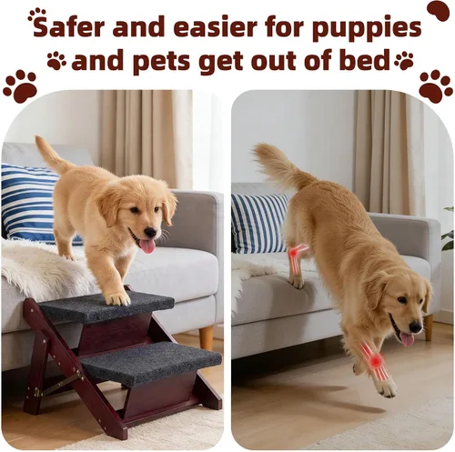 Vista 3 de MEWANG - Escaleras de madera para mascotas/escalones para mascotas, escaleras plegables 2 en 1 y rampa para camas y autos, escalera portátil