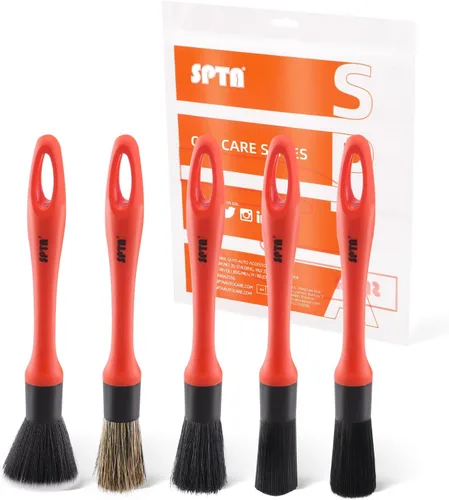 Vista 10 de SPTA juego de cepillos para detalle de coche, pack de 5 cepillos suaves de pelo de jabalí con codo para limpieza automotriz elegante de superficies