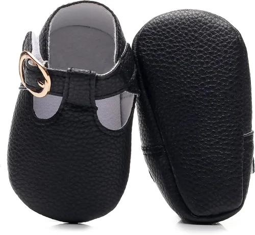 Vista 3 de HONGTEYA Mary Janes - Zapatos planos de piel sintética antideslizante con suela suave para bebés recién nacidos, zapatos de cuna para boda, fiesta