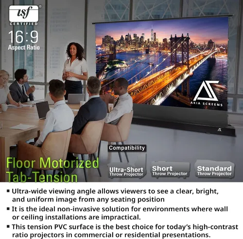 Vista 3 de Akia Screens AK-FMT102UH2 Pantalla de proyector motorizada de 102 pulgadas con control remoto, Tab-Tension CineWhite, UST Short & Standard Throw