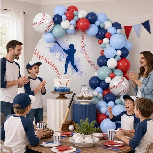 Vista 4 de FunHot Kit de guirnalda de arco de globos de béisbol, guirnalda de globos azul marino y rojo con globos blancos, globos de papel de aluminio de Azul