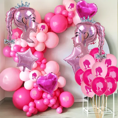 Vista 6 de 30 globos de papel de aluminio de princesa rosa intenso, globos de estrella de corazón rosa, cabeza de niña, kit de globos de látex