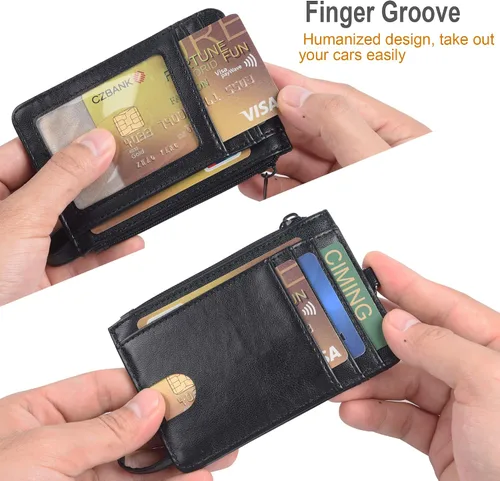 Vista 3 de Teskyer - Cartera minimalista delgada, soporte para tarjetas de crédito con bloqueo RFID, compartimento frontal de piel para documentos