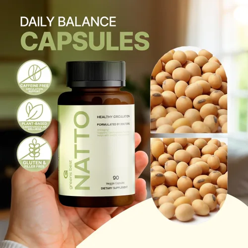 Vista 3 de Greens Best Natto Cápsulas - Nattoquinasa, L-Arginina y L-Citrulina - Apoya la circulación saludable y el flujo sanguíneo - Promueve la salud