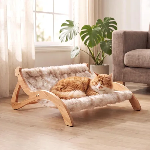 Vista 9 de Cama elevada para gatos de interior, bonita hamaca para gatos en forma de pata, con cómodo cojín lavable, muebles de madera maciza para mascotas