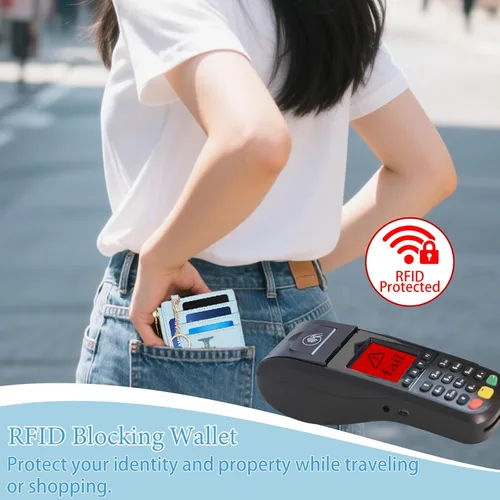 Vista 3 de Tarjetero para mujer minimalista y delgado con bolsillo frontal, bloqueo RFID, cartera compacta con ventana para identificación y bolsillo