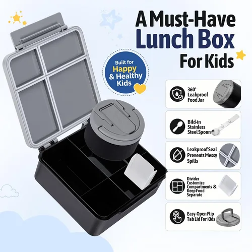 Vista 2 de MAXSO Set de Lonchera Bento para Niños con Termo de Sopa de 8 oz, Envase para Comida Caliente a Prueba de Fugas con 4 Compartimentos, Tarro
