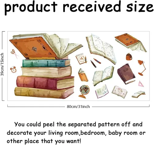 Vista 2 de SUPERDANT Calcomanías de pared de libro mágico con libro volador, tijeras para dormitorio, mural de pared, regla, decoración de globo