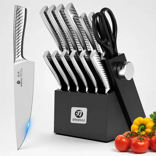 Vista 10 de imarku Juego de 14 cuchillos con bloque, juego de cuchillos de cocina de acero inoxidable japonés con afilador integrado, asas ergonómicas