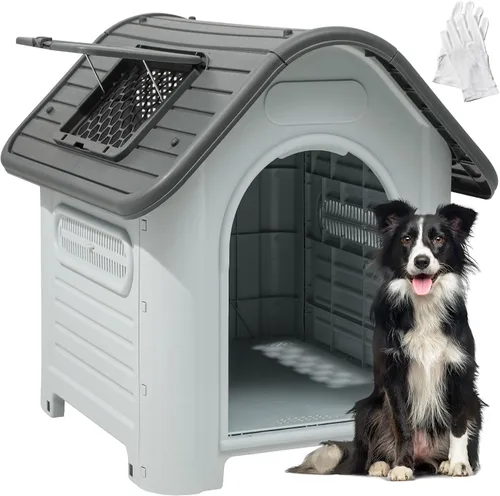 Vista 10 de YITAHOME Casa para perros de plástico para exteriores, resistente al agua, con tragaluz ajustable y base elevada para perros pequeños, medianos