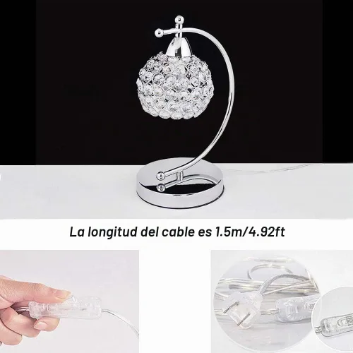 Vista 2 de Onerbuy Moderna lámpara de mesa de cristal enchufable, lámpara de mesa de noche cromada plateada E27 con interruptor de encendido/apagado en línea