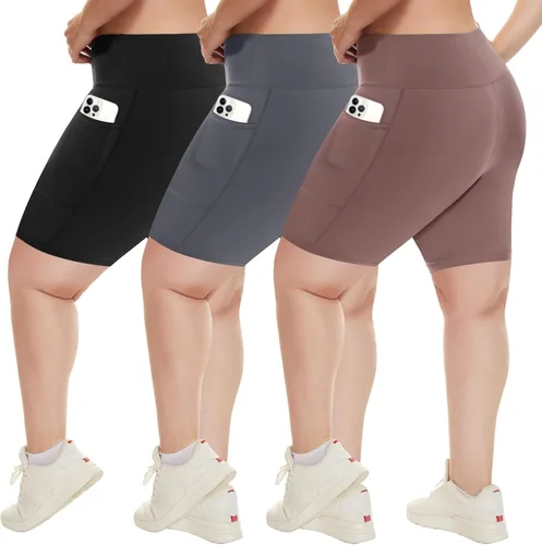 Vista 24 de HLTPRO 3 Pack Plus Size Biker Shorts for Women, Pocket & No-Pocket Options Negro/Beige Rosa/ Gris