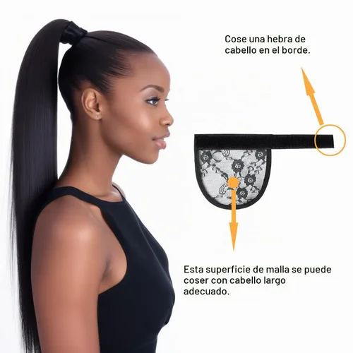 Vista 5 de Red de encaje de cola de caballo negra para hacer extensiones de cabello de cola de caballo de caballo, 3