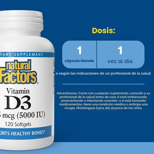 Vista 3 de Natural Factors Vitamina D3 125 mcg, 5,000 UI, 120 cápsulas blandas