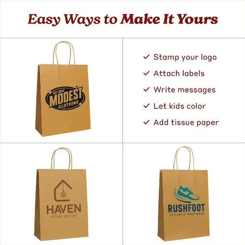 Vista 5 de PTP Bags Bolsas de papel kraft de 8 x 4.75 x 10.5 pulgadas, bolsa reciclable de 3.53 oz/m² con asas reforzadas para regalos de boutique, compras al