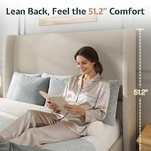 Vista 4 de Jocisland Base de Cama de Plataforma Completamente Tapizada con Cabecero Wingback de 51.2" de Alto–Patas de Madera Sólida, No Necesita Somier, Lino
