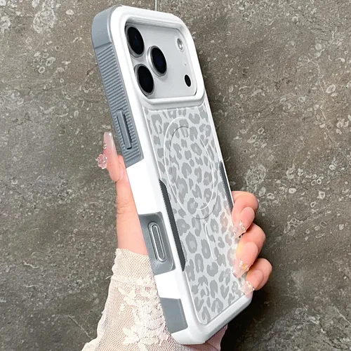 Vista 2 de Funda magnética para iPhone 17 Pro, compatible con Magsafe, lindo estampado de leopardo blanco guepardo, resistente, resistente, protección