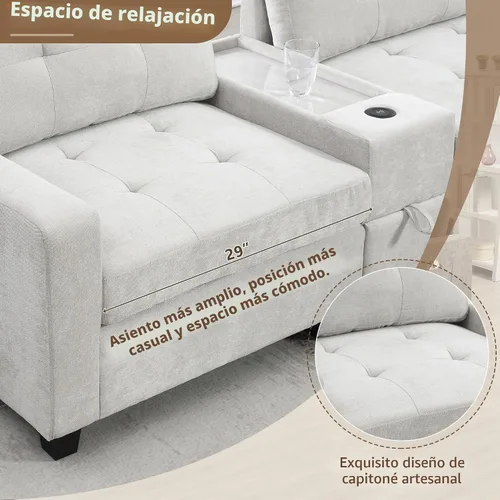 Vista 4 de Sofá modular de 103 pulgadas con 2 consolas acrílicas, juego de sofá en forma de U de gran tamaño con cargador USB, cajones de almacenamiento Beige