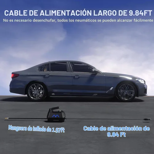 Vista 3 de Inflador de neumáticos, compresor de aire portátil, bomba de aire para neumáticos de automóvil, cable de 9.84 pies, bomba automática de 12 V CC