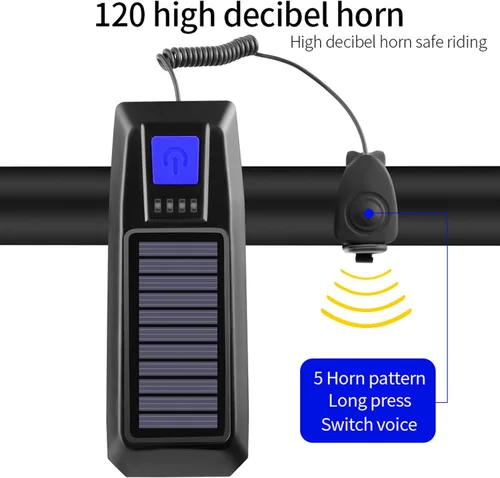 Vista 3 de Faro de bocina de bicicleta solar / USB de doble carga para bicicleta, luz de bocina de bicicleta de alto brillo, impermeable, luz de bocina