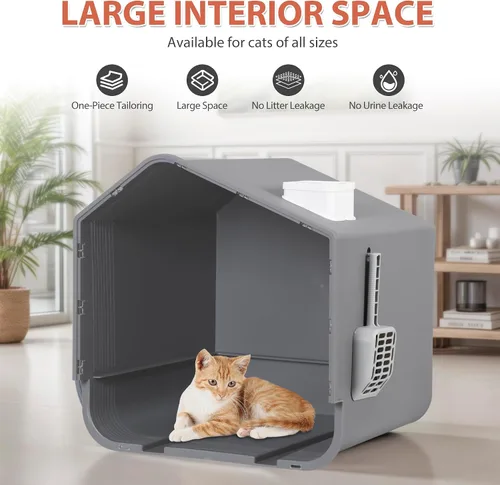 Vista 5 de LEMY Caja de arena grande cerrada para gatos, caja de arena gris con alfombrilla y cuchara de arena para gatos, inodoro inodoro inodoro