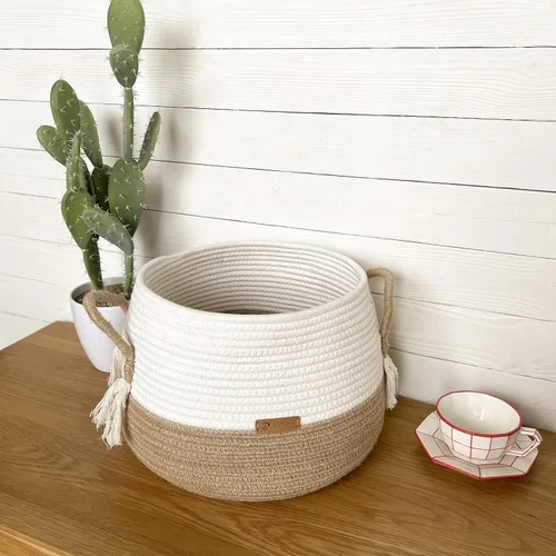 Vista 4 de R RUNKA Cesta pequeña para animales de peluche, ropa, mantas para bebé - 30 cm x 25 cm - Cestas boho para sala de estar, dormitorio, guardería