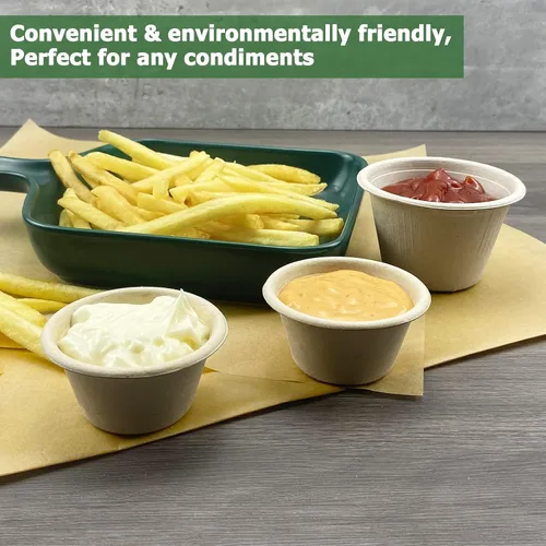Vista 5 de CAMKYDE Vasos de Soufflé Desechables de Fibra de Bagazo de 2 oz, Paquete de 100, Vasos para Condimentos 100% Naturales Biodegradables Compostables