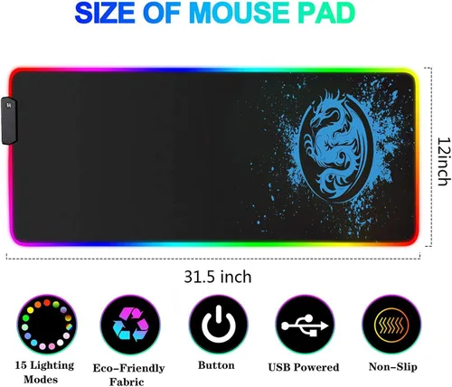 Vista 2 de Alfombrilla de mouse grande RGB para juegos, 15 modos de luz, alfombrilla de teclado de computadora extendida, alfombrilla de mouse de dragón